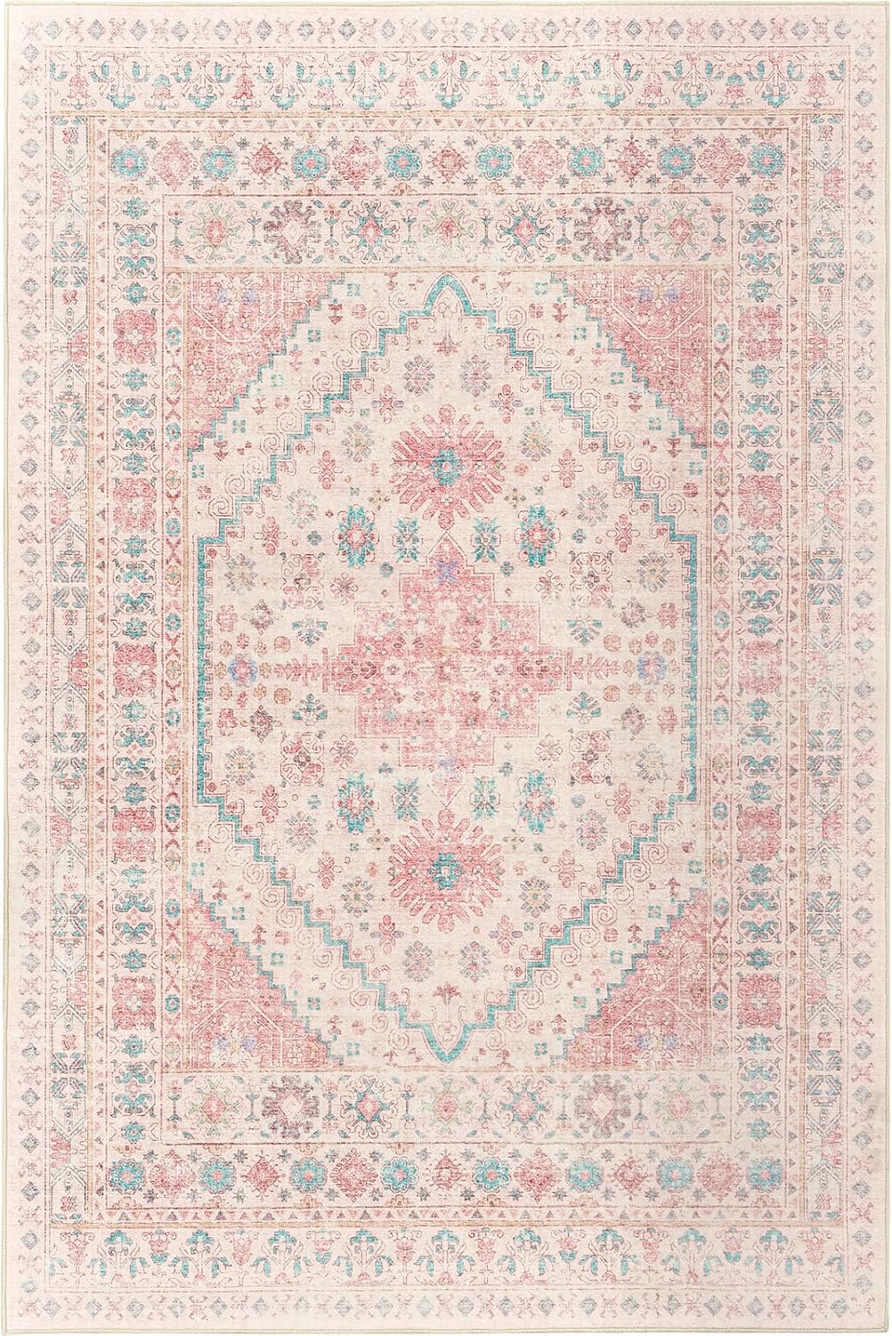 zesthome 10x14 Area Rugs - Large Pink Rugs for Bedroom Girls, Stain Resistant Washable Rugs, Vintage Low Pile Rug, Nursery Room Rug, Pink Room Decor (Pink/Blue,10'x14')