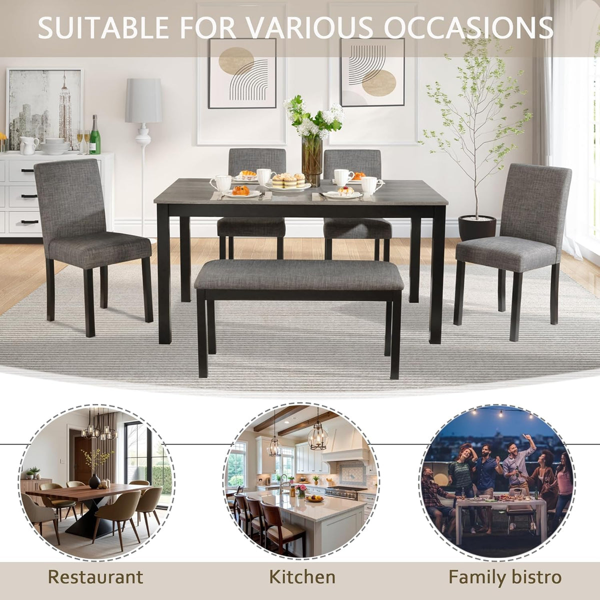 soges 6-Piece Kitchen Dining Table Set with Bench and Chairs, Dining Table Set for 6 with Bench, Wooden Table Set for Kitchen, Dining Room, Grey