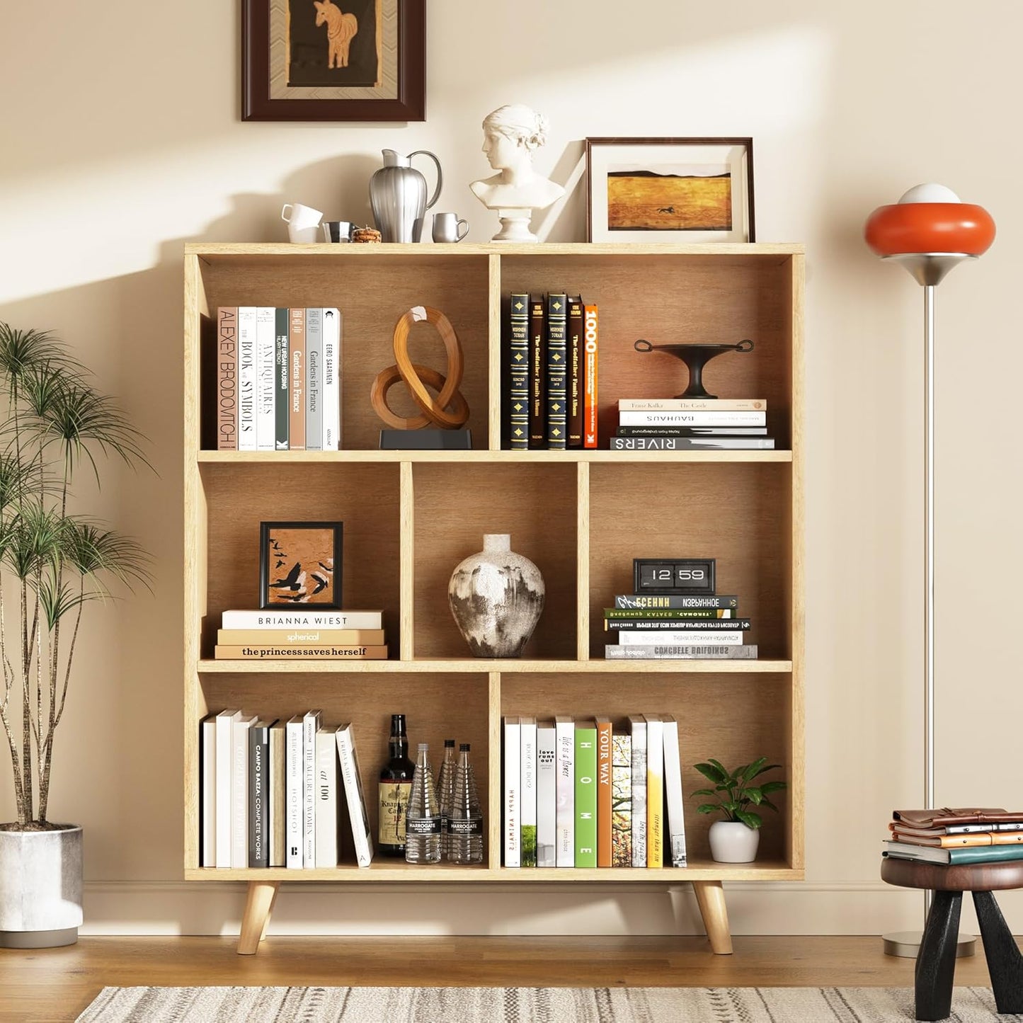 Shintenchi Cube Storage Organizer, 3 Tier Mid-Century Bookcase with Legs Cubeicals Retro Wood Organizer Storage Bookcase, Freestanding Open Book Shelves for Bedroom,Living Room,Office(Natural)