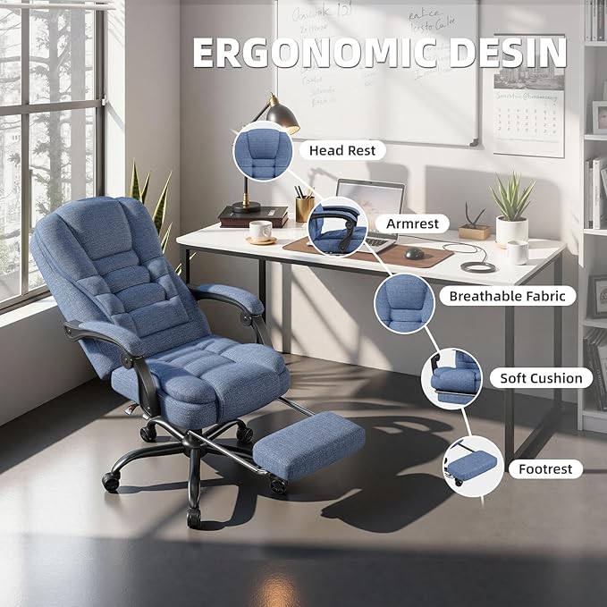 Gaming Chair with Footrest, Ergonomic Office Chair Reclining 90°-150°, Adjustable Desk Chair with Linkage Armrests, Comfortable Computer Chair for Adults, Gamer Chair Sillas para Escritorio, Blue