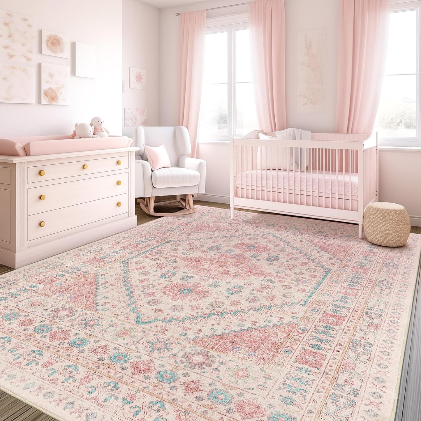 zesthome 9x12 Area Rugs for Girls Bedroom, Low Pile Machine Washable Rugs, Vintage Large Pink Rugs, Stain Resistant Nursery Room Rug, Baby Crawling Rug (Pink/Blue,9'x12')