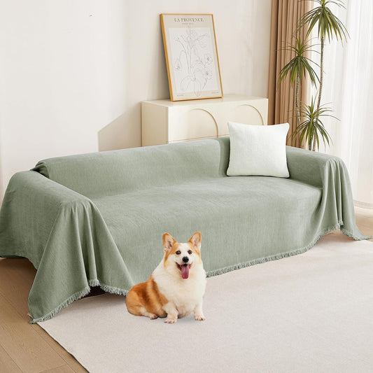 MYSKY HOME Chenille Sofa Slipcovers Sage Green Sofa Covers with Tassel Edge L Shaped Sectional Couch Covers for 3 Cushion Couch, Washable Thick Durable Furniture Protector for Dogs Kids 91"x 134"