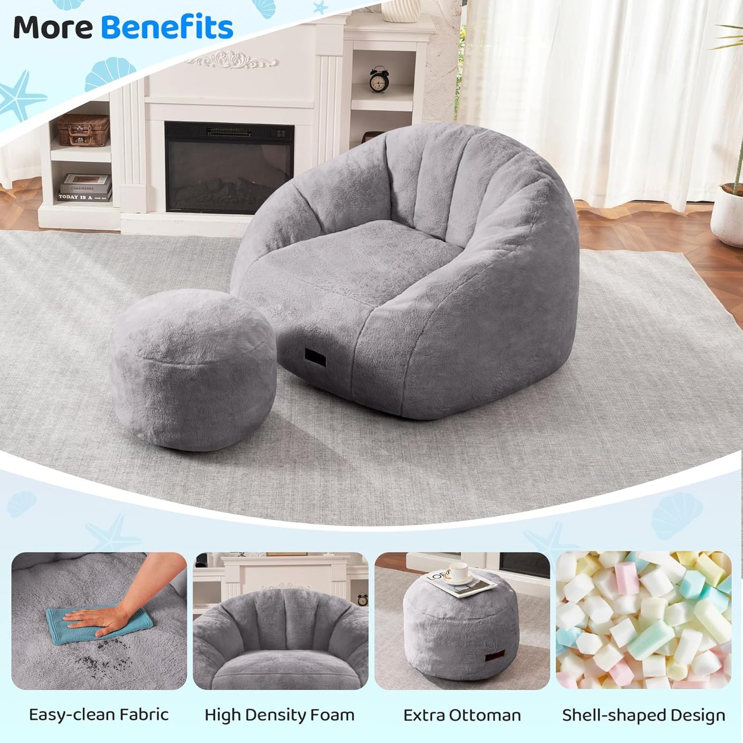 HABUTWAY Bean Bag Chair, Giant Bean Bag Chairs for Adults with Ottoman, Comfy Faux Fur Shell-Shaped Bean Bag Couch, Sofa Chair for Living Room, Bedroom, Grey