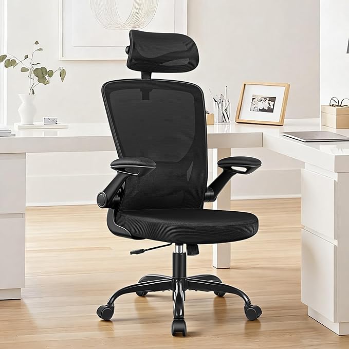 Ergonomic Office Desk Chair Comfy, High Back Mesh Office Desk Chairs with Adjustable Lumbar Support, Headrest, Flip-up Armrests, Home Computer Chair for Gaming, Work, Black