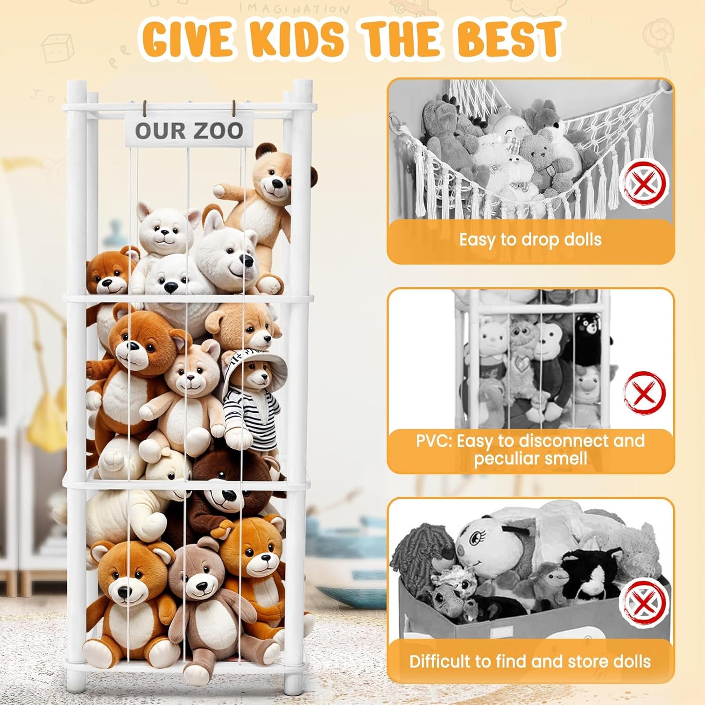 Stuffed Animal Storage & Organizer, Wooden Cute Zoo Toy Holder for Toddler Rooms, Playrooms & Bedrooms（White）