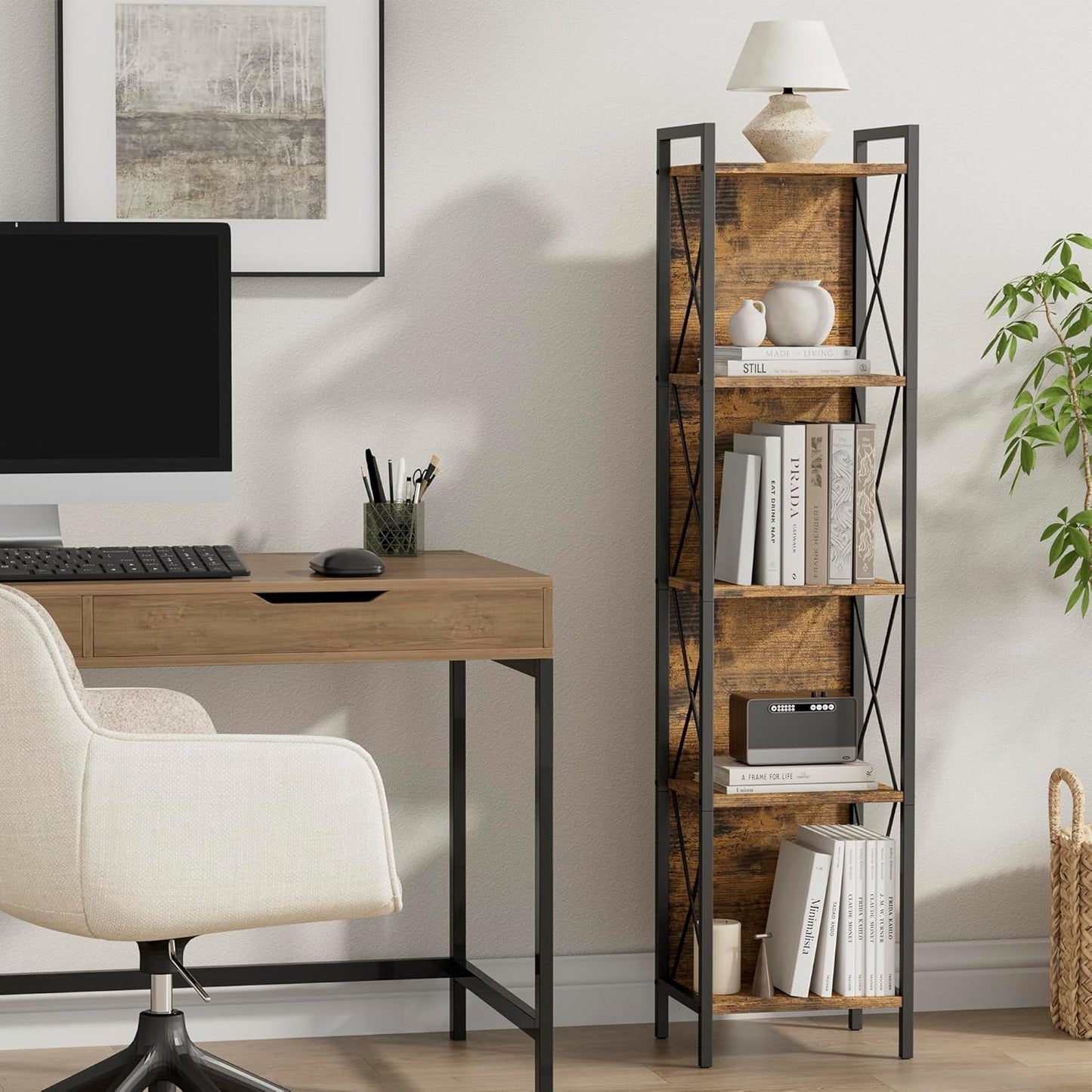 Homhedy 5 Tier Bookshelf Bookcase, Tall Narrow Bookshelf for Small Space, Metal Storage Shelves with Back Panel, for Home Office, Living Room, Kitchen, Bedroom, Industrial Style, Rustic Brown