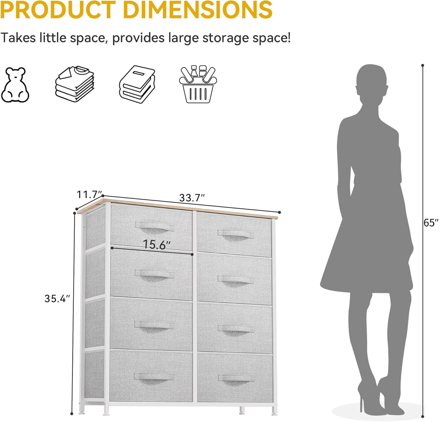 DWVO Fabric Dresser for Bedroom, Tall Dresser with 8 Drawers, Storage Tower with Fabric Bins, Chest of Drawers for Closet & Living Room - Sturdy Steel Frame, Wooden Top