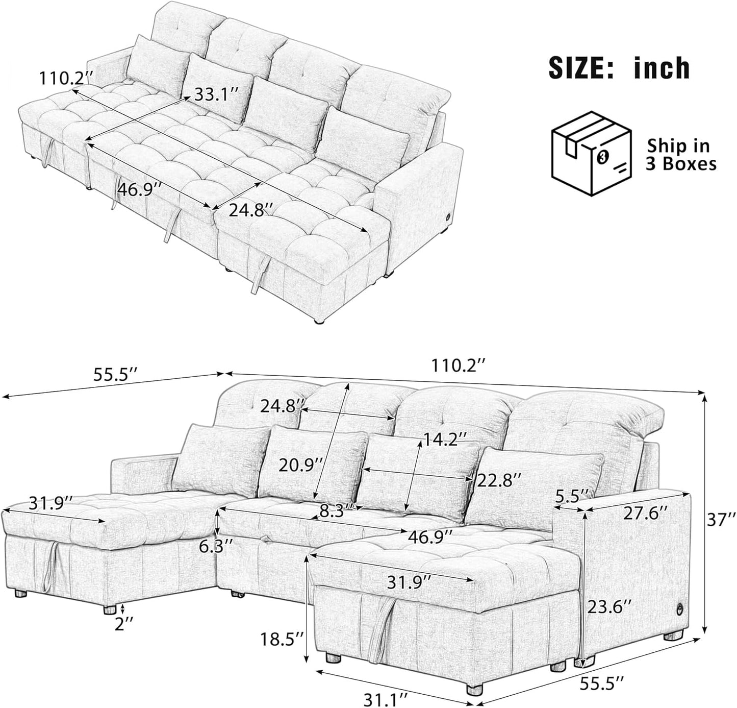 Ball & Cast 110.2" Oversized Versatile Sectional Sleep Sofa with Two USB Ports,U-Shape 4 Seat Pull-Out Couch w/Double Storage Chaise Lounges,for Living Room,Apartment,Office,Gray
