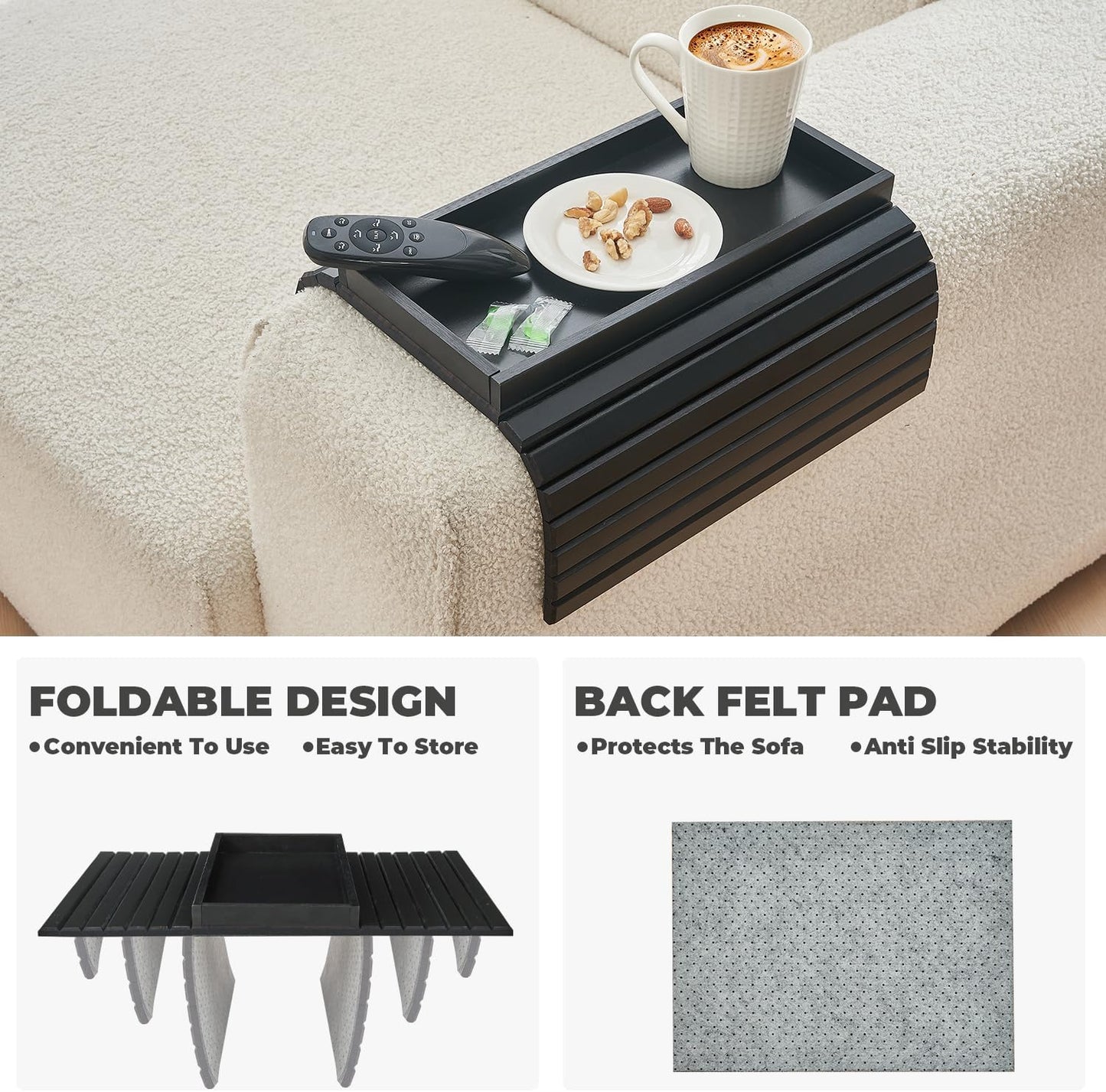 Bamboo Sofa Arm Tray, Anti Falling Couch Arm Tray Table, Foldable Couch Armrest Table, Portable Sofa Armrest Trays Cup Holder for Drink, Cups, Phone, Snacks, Remote