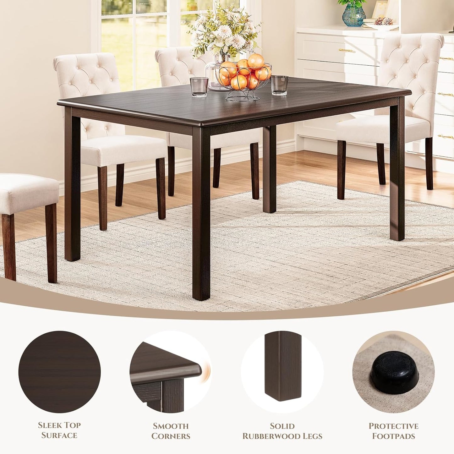 COLAMY 60 Inch Rectangular Kitchen Dining Table for 4, Modern Farmhouse Dining Table Set for 4, Wood Dining Table and Upholstered Dining Chairs for Kitchen, Dining Room, Restaurant, Brown/Light Grey