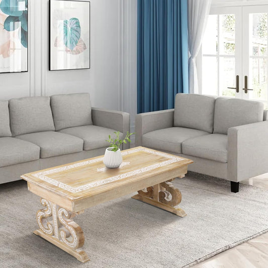 Lightnpro Mango Wood Rectangular Coffee Table - Living Room Center Table, Rustic Vintage Charm, Eco-Friendly Furniture, Reclaimed Wood - 40x18 Inch White Wash Finish