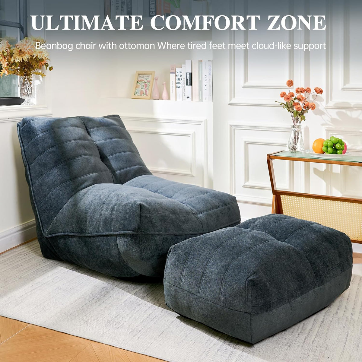 Bean Bag Chair with Ottoman, Comfy Bean Bag Sofa with Memory Foam, Lazy BeanBag Sofa with Footstool, Fireside Bean Bag Couch for Living Room, Bedroom, Apartment (Blue Gray)