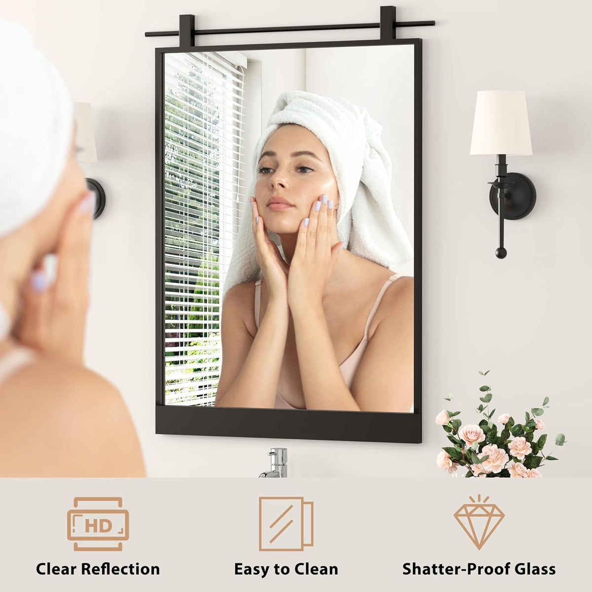 24x36 Inch Rectangle Bathroom Vanity Mirror for Wall Mounted Over Sink Farmhouse Rustic Matte Black Frame Barn Door Mirrors Foyer Entryway Decor