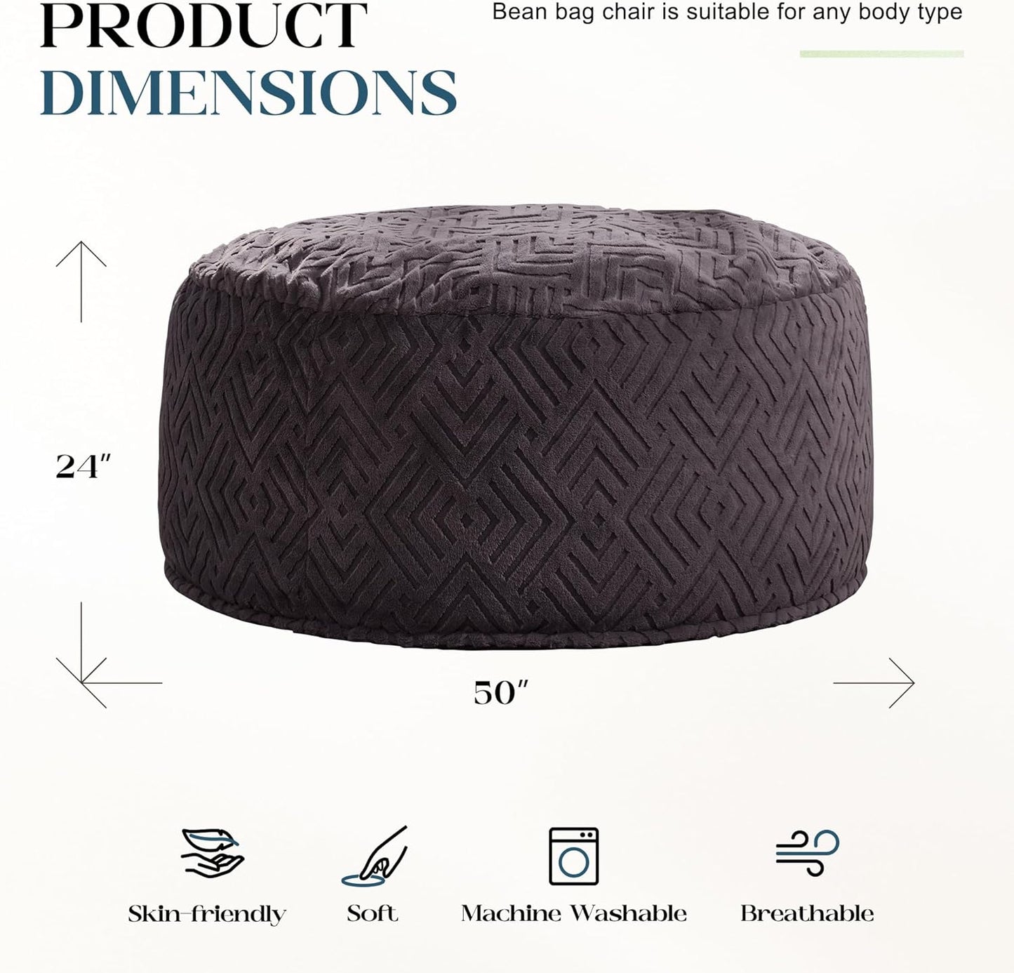 Hobestluk Bean Bag Chairs Adults Beanbag Chair with Filler Large Bean Bags with Fluffy Embossed Cover, Giant Bean Bag Chairs for Adults (Dark Grey, 5FT - 50” x 50” x 24”)