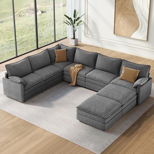 Vesgantti Large Modular Sectional Sofa, Big Comfy Cloud Couch with Ottoman Deep Seat Chenille Cloud Sofa, 8 Seater Large Sectional Couches for Living Room, Bedroom and Apartment, Gray