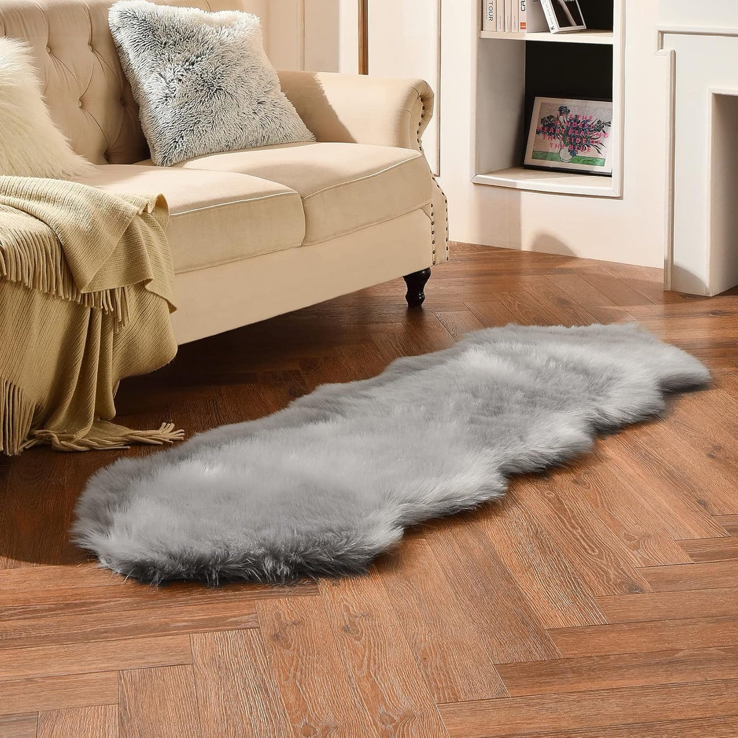 duduta Grey Faux Sheepskin Runner Rugs 2x6 ft, Fluffy Shag Bedroom Rug Decor Fur Couch Sofa Covers Washable