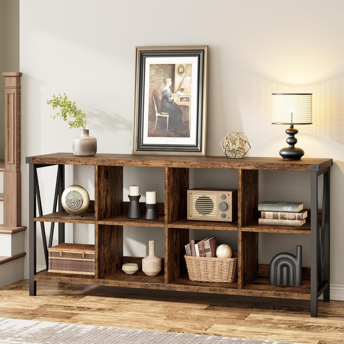 GarveeHome 8 Cube Storage Organizer Bookshelf, 3 Tier Metal Horizontal Bookcase, 62 Inch Console Bookshelf, Industrial Storage Bookcase for Entryway, Long Low Bookshelves for Living Room-Retro Brown