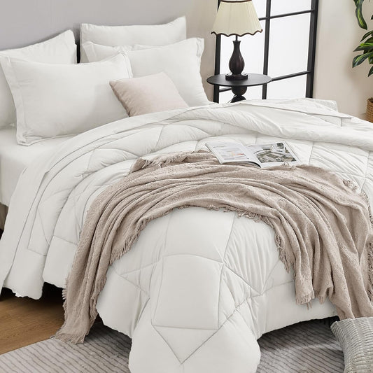 HEVUMYI Ivory Full Comforter Set - 7-Piece All Season Bed in a Bag Full, Ultra Soft Bedding Set with Comforter, Flat Sheet, Fitted Sheet, Pillowcases, Pillow Shams