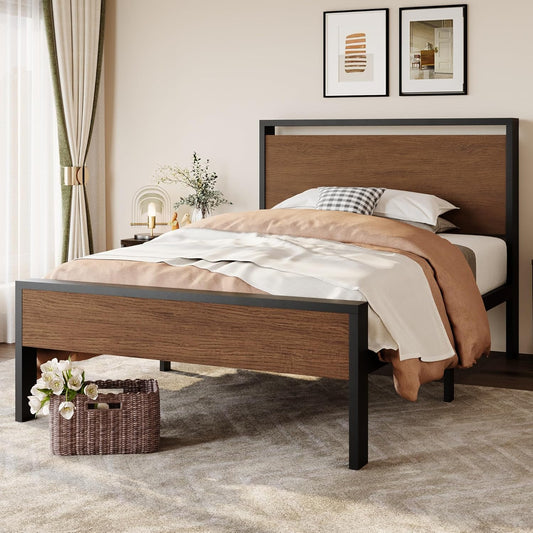SHA CERLIN 14 Inch Twin Size Metal Platform Bed Frame with Wooden Headboard and Footboard, Mattress Foundation, No Box Spring Needed, Large Under Bed Storage, Heavy Duty Slats Support, Walnut