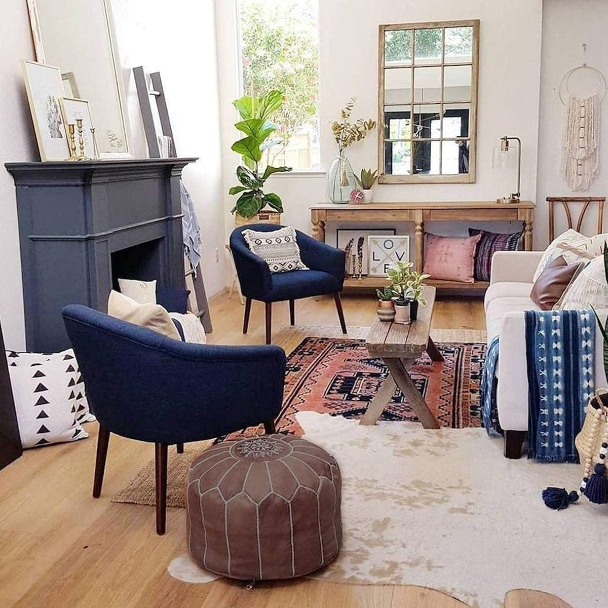 Marrakesh Gallery Genuine Leather Round Pouf Unstuffed - Moroccan Ottoman Footstool, Footrest Cover - Boho Decor - Bohemian Living Room, Bedroom, Kids Room, Gift & Wedding