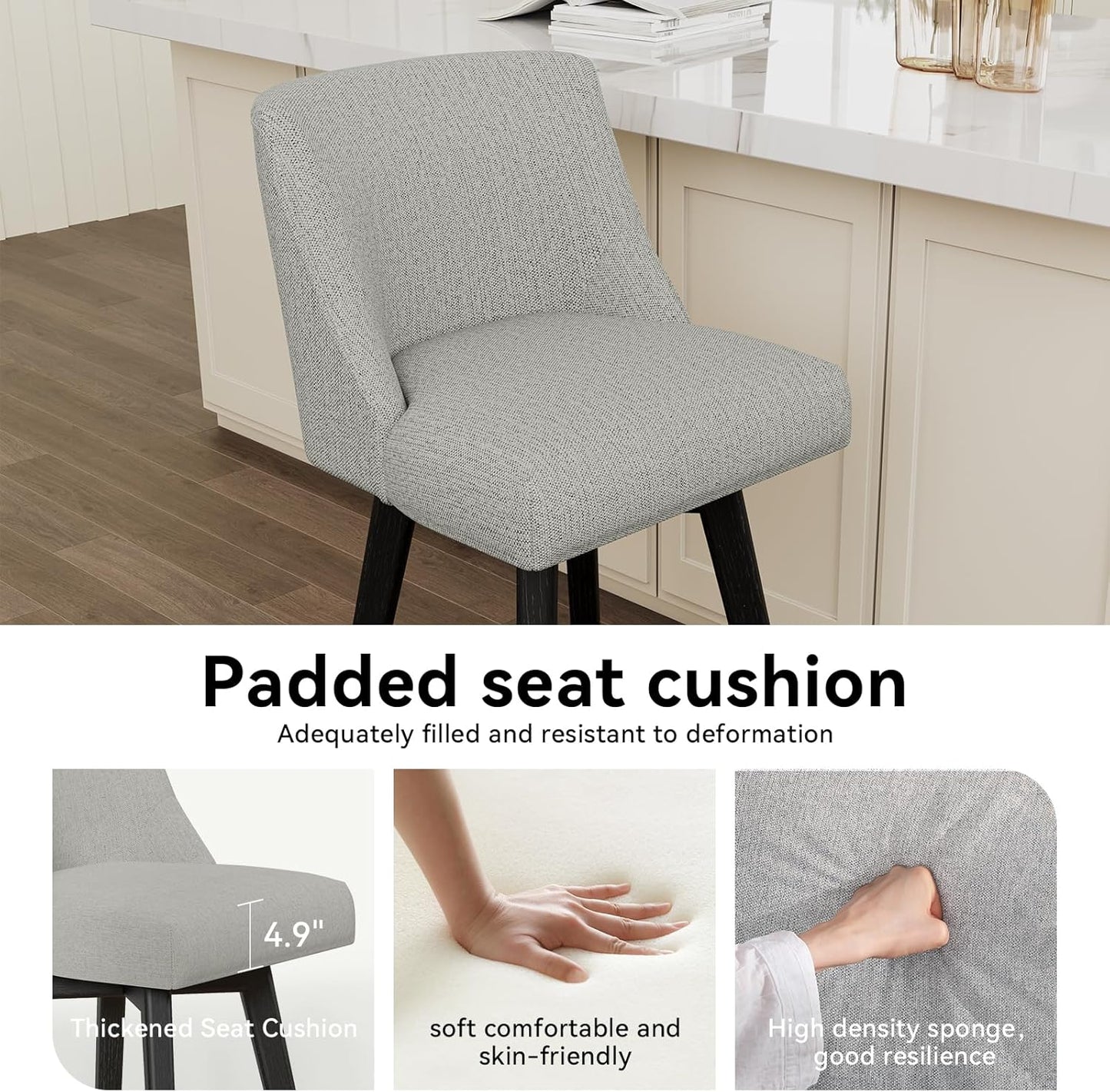 Vipbear Swivel Counter Height Bar Stools Set of 2,26.8" H Counter Stools with Back, Mid Century Modern Bar Stools for Kitchen Island,Linen Fabric,Wooden Base, Light Gray