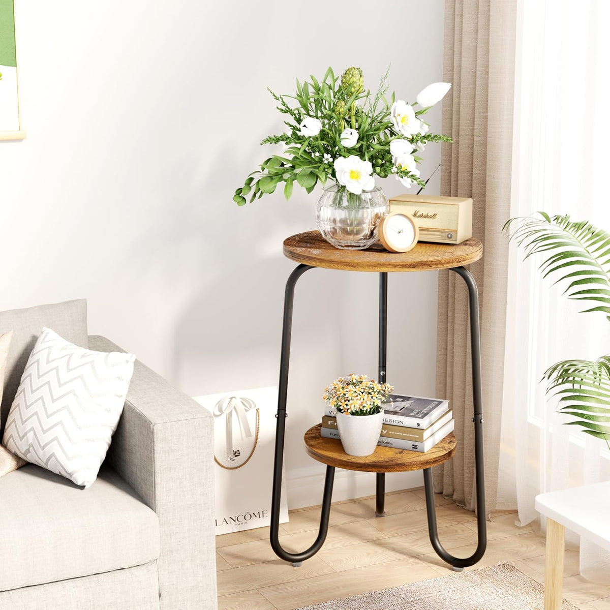 2 Tier Wood Plant Stand Indoor, Small Round Flower Pot Stand, 19.6" Tall Single Plant Holder for Living Room, Balcony, Rustic Brown End Side Table（Rustic Brown）