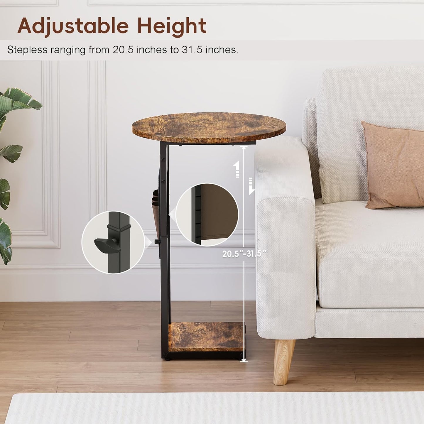 Vagusicc C Shaped End Table, Adjustable Height Small Side Table for Couch and Recliner, 32" Tall Couch Side Table Slide Under Sofa Tray Desk with Storage Bag for Living Room and Bedroom, Brown