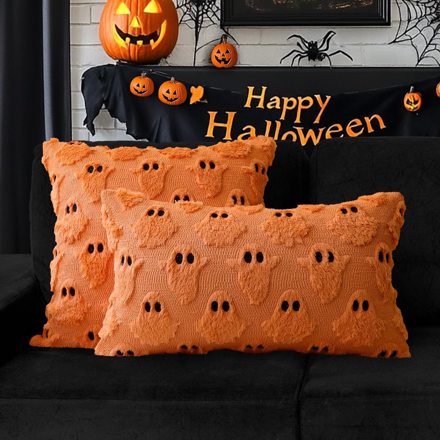 4TH Emotion Halloween Ghost Decorative Pillow Covers 18x18 Set of 2, Orange Soft Plush Faux Fur Farmhouse Throw Cushion Cases for Fall Autumn Holiday Home Decorations