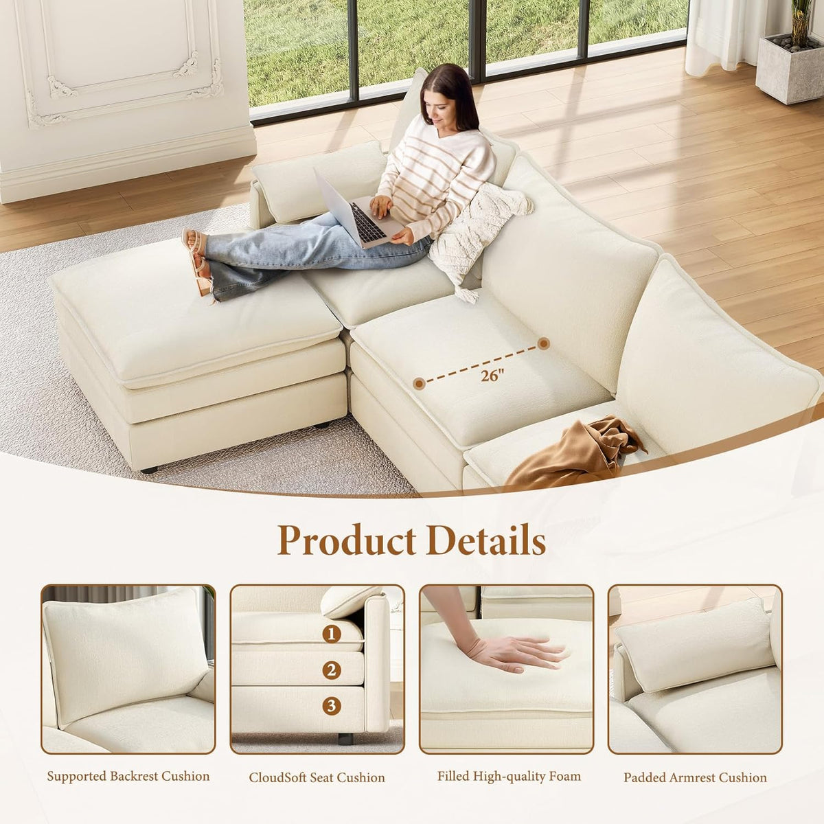 Vesgantti 108" U Shaped Sectional Couch, Comfy Cloud Modular Sectional Sofa with 2 Ottoman Deep Seat Chenille Modern Cloud Sofa, Modular Sofas for Living Room, Bedroom and Apartment, Beige