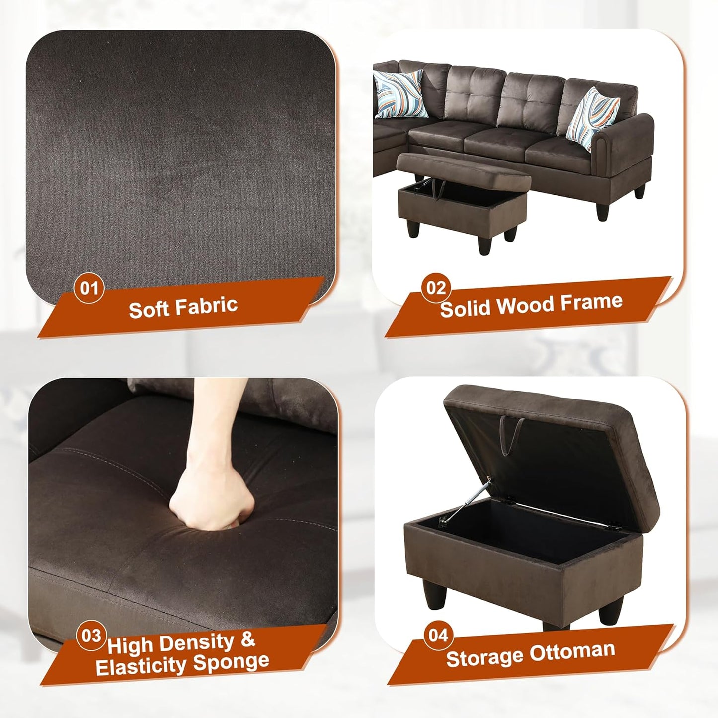 Osparple L Shaped Couch Sectional Couches for Living Room Upholstered Flannel 3 Pieces Modular Sectional Sofa with Chaise, Ottoman with Storage for Living Room and Small Apartment, Dark Brown