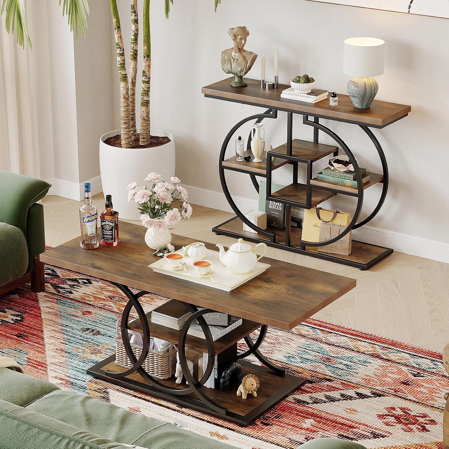 GiftGo Narrow Console Table for Entryway Industrial 4-Tier Sofa Table Behind Couch with Circle Base Rustic Wooden Accent Tables with Storage Shelves for Living Room, Hallway, Foyer (Brown)