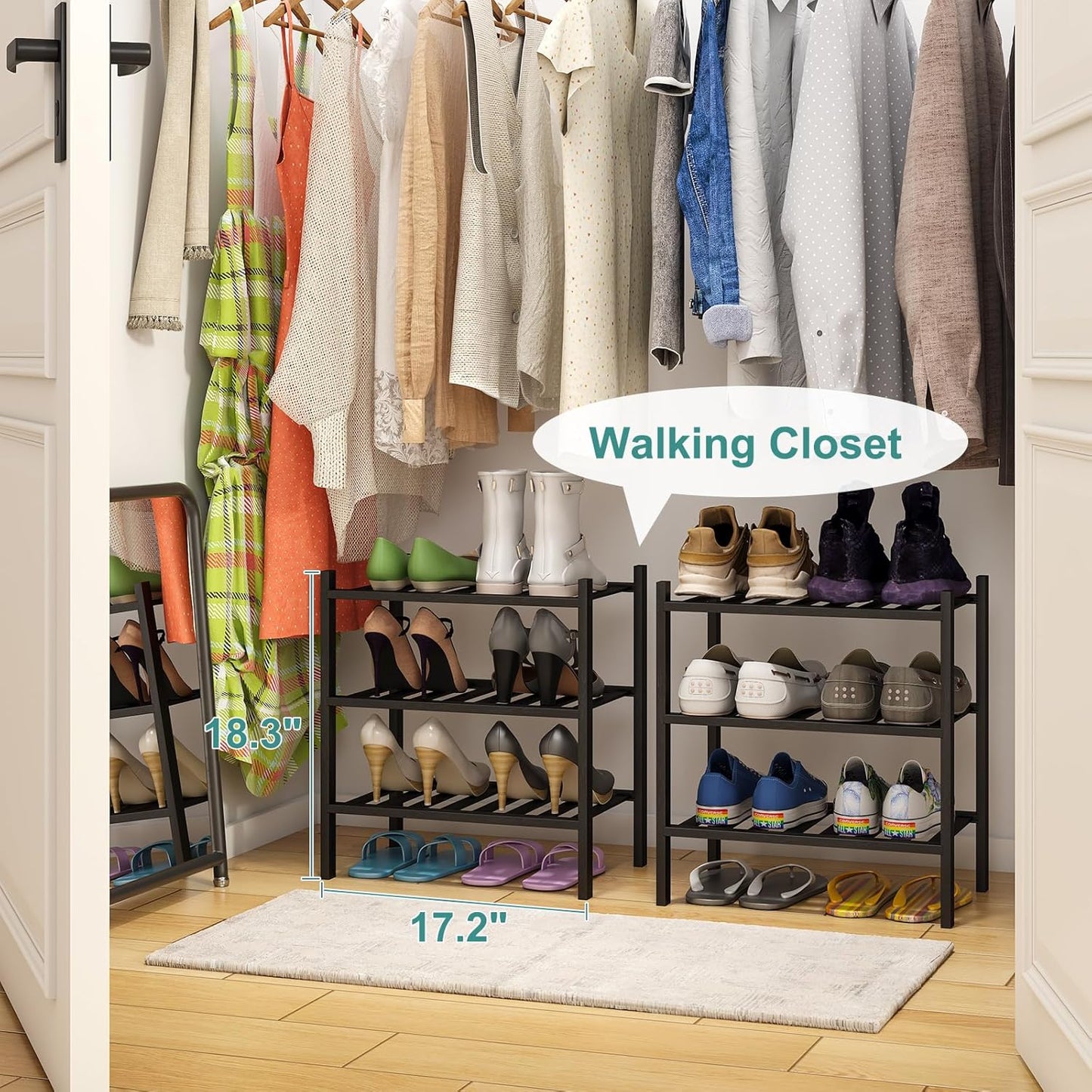 Small Shoe Rack for Entryway,3-Tier Black Bamboo Shoe Organizer for Hallway Closet, Free Standing Shoe Racks for Indoor Outdoor
