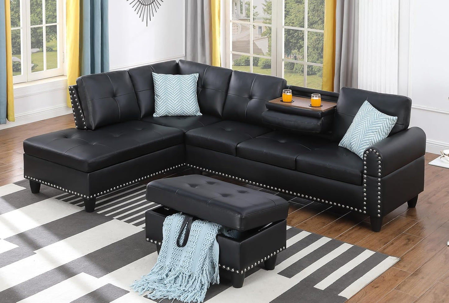 Ball & Cast 98" L Shaped Sectional Couch for Living Room with Chaise & Storage Ottoman,4 Seat Faux Leather Upholstered Modular Sectional Sofa Set 3 PCS W/Cup Holder&Nailhead Trim,for Home,Office,Black