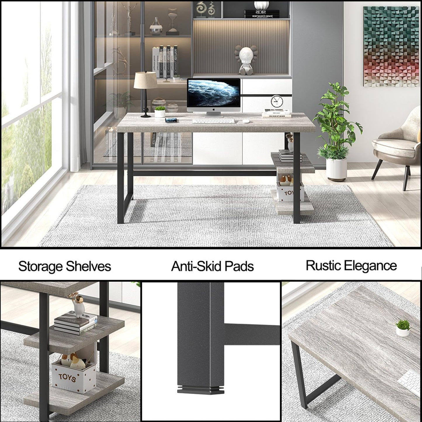 FOLUBAN Computer Desk, Modern Home Office Desk with Shelves, Wood Writing Study Gaming Table for Living Room Bedroom, Light Grey, 53 inch