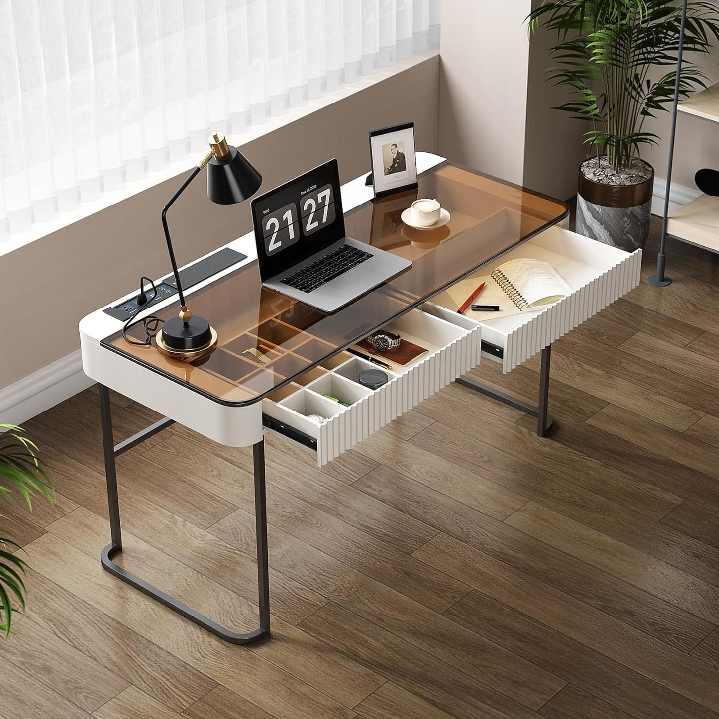 Lartis Office Desk with Drawer - Writing Desk with Intelligent Socket Computer Desk with USB Port Compartmentalized Storage for Home Office Working Gaming