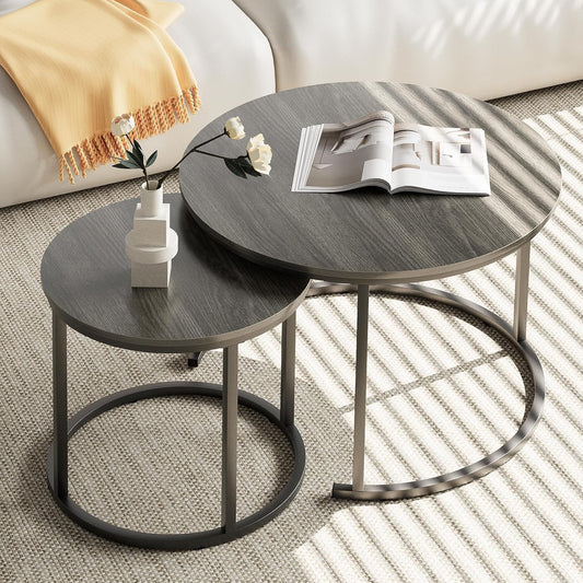 Garden 4 you Nesting Coffee Table, 23.6" Round Coffee Table Set of 2, Wooden Nesting Table Set with Metal Frame, Side Tables for Living Room Bedroom Balcony, Grey