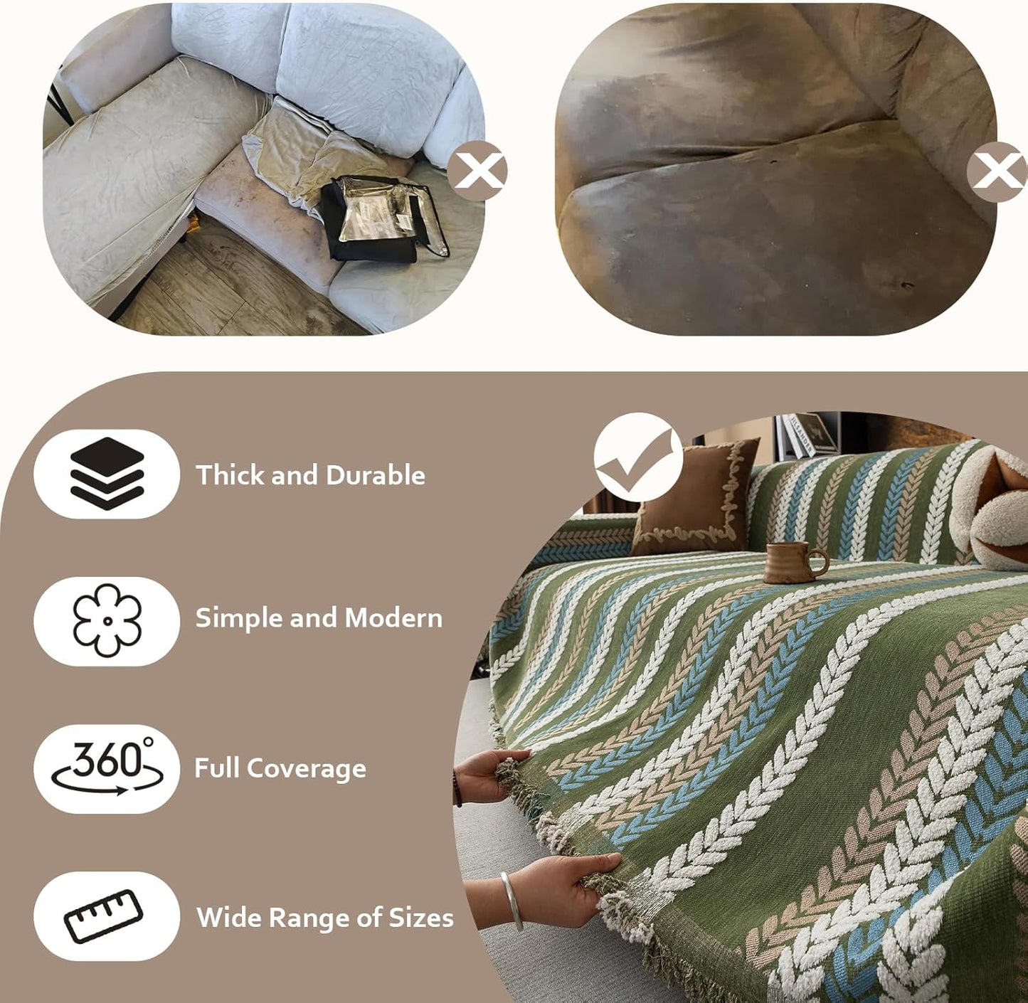 STACYPIK Thick Jacquard Green Couch Cover, Washable Sofa Cover for 3 Cushion Couch, Washable Chenille Couch Cover Blanket, Multi-use Sofa Protector Slipcover, Furniture Protector Pet-Friendly-71X150IN