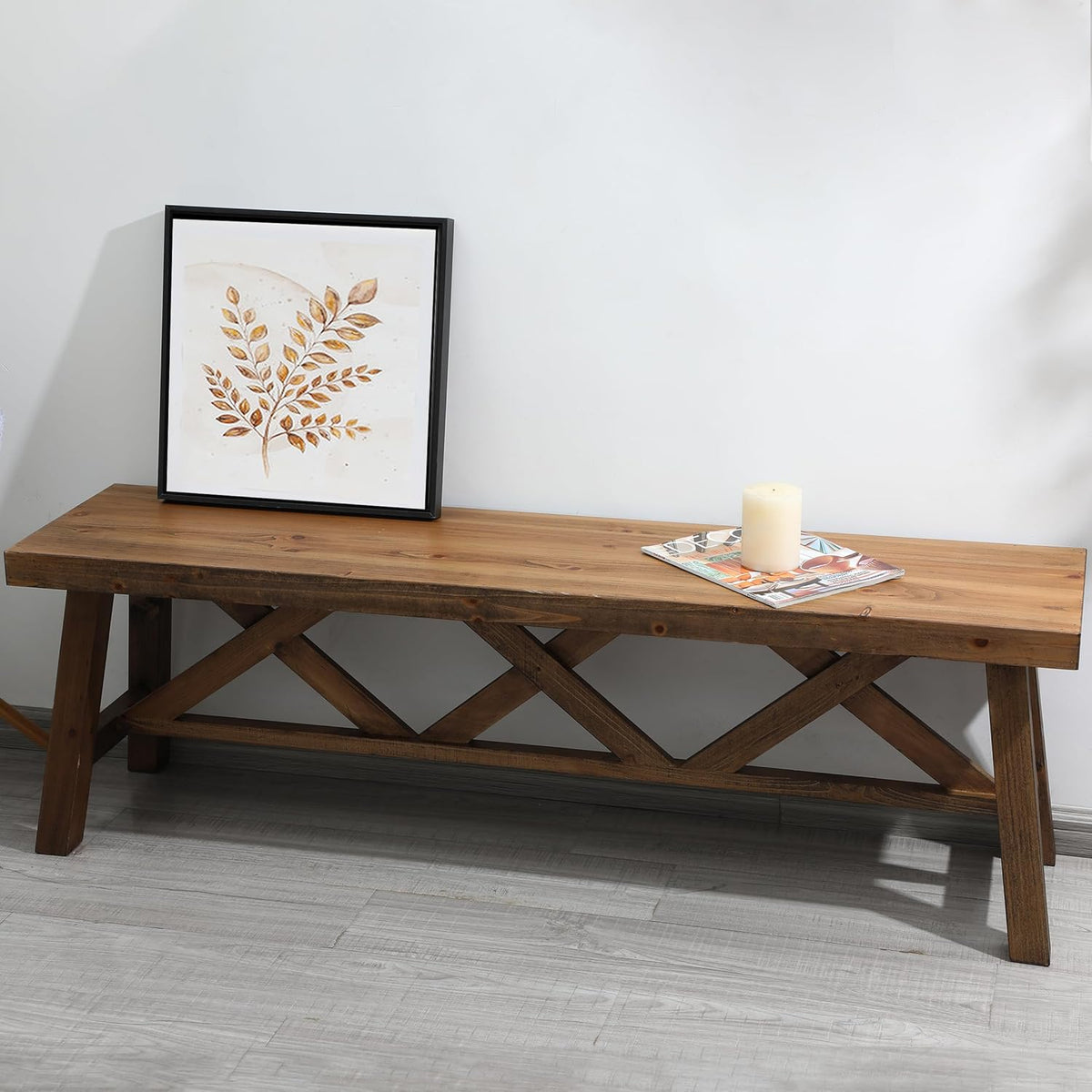 Wnutrees 54" Farmhouse Wood Bench, Rustic Solid Wood Entryway Bench Seat with Double X-Structure for Dining Room, Living Room, Hallway, Structural Stability, Natural