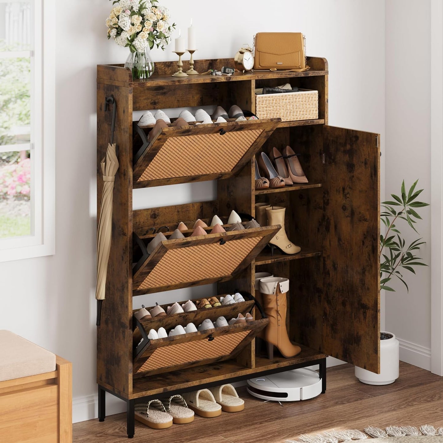 GarveeHome Shoe Cabinet Rattan with 3 Flip Drawers and 4-Tier Shoe Storage Cabinet, Freestanding Shoe Organizer with Adjustable Shelves for Entryway, Closet, Hallway (Brown)