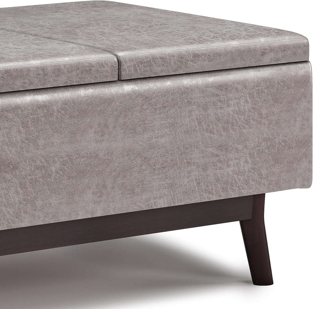 SIMPLIHOME Owen 34 inch Wide Mid Century Modern Rectangle Tray Top Small Coffee Table Storage Ottoman in Distressed Grey Vegan Faux Leather, Assembled, For the Living Room, Entryway and Family Room