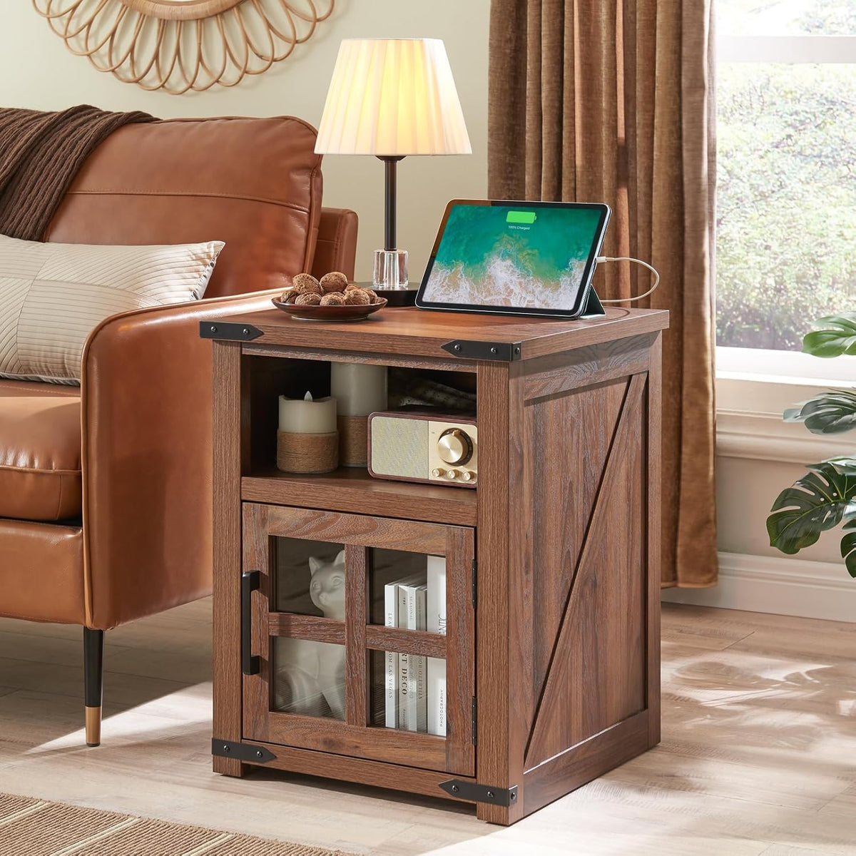 Farmhouse Nightstand with Charging Station, Rustic End Table with Tempered Glass Barn Door, Wood Sofa Side Bedside Table with Open Storage Shelf for Living Room, Bedroom, Brown, 2 Pack