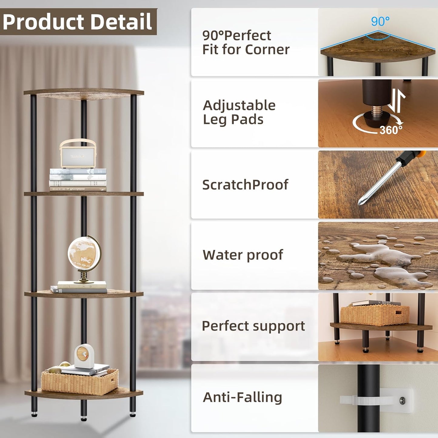4 Tier Corner Shelf, Bookcase for Small Spaces, Corner Display Shelf, Plant Stand, Rustic Brown and Black,Suitable for Bedroom,Living Room,Kitchen