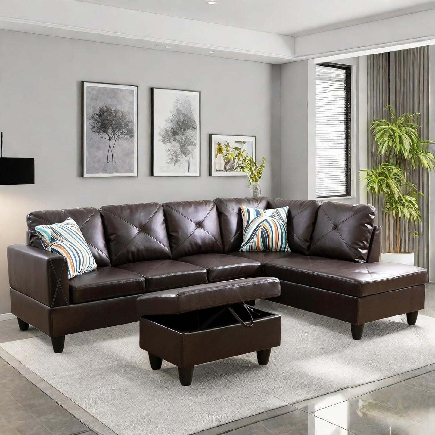 Modular Leather Sectional Couch, L Shaped Couch with Storage, Convertible Sofa with Ottomans, Modern Sectional Sofa for Living Room and Office, 5 Seat, Brown