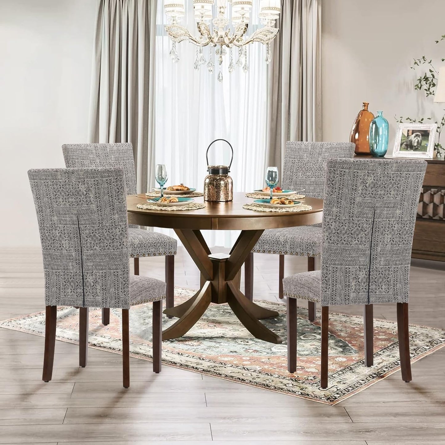 Parsons Dining Chairs Set of 2, Upholstered Nailhead Dining Room Kitchen Side Chair with Thick Cushions and Wood Legs, Black/White