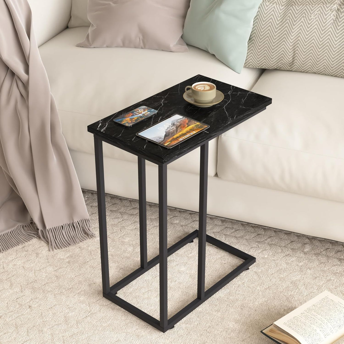 VECELO C Shaped End Side Table with Charging Station & Power Outlets for Couch Sofa/Bed Snack TV Tray with Metal Frame for Living Room Bedroom 1 Set, Black Marble