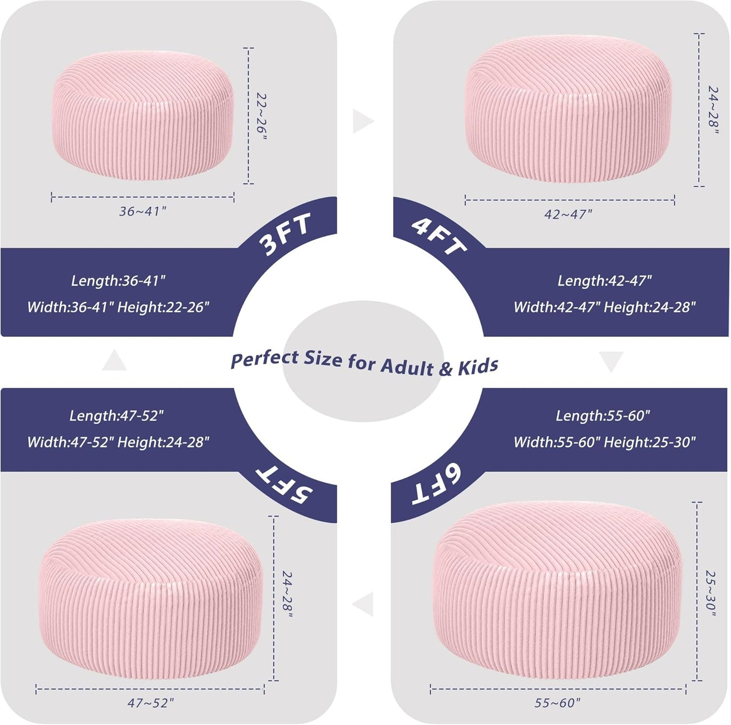 HABUTWAY 3FT Bean Bag Chair, 3' Large Bean Bag Chairs for Adults with Removable Stripe Plush Cover, Memory Foam Beanbag Chair for Living Room Bedroom Dorm (Tender Pink)