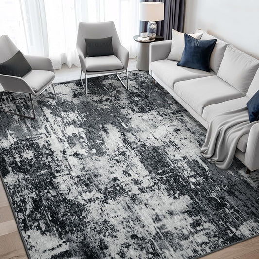 Washable Area Rugs 6'x9' Non-Slip Modern Abstract Soft for Living Room Entryway Bedroom Nursery, Print Pattern, Black Gray