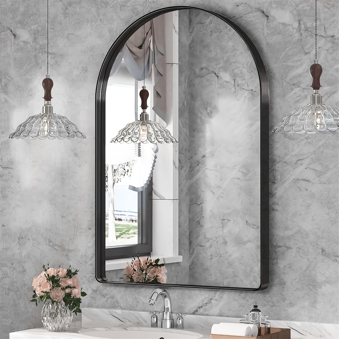 Suidia 22" x 30" Bathroom Mirror, Bathroom Vanity Mirror Metal Framed, Wall-Mounted Mirrors for Bedroom, Living Room, Entryway, Hallway, Black, Arch Style