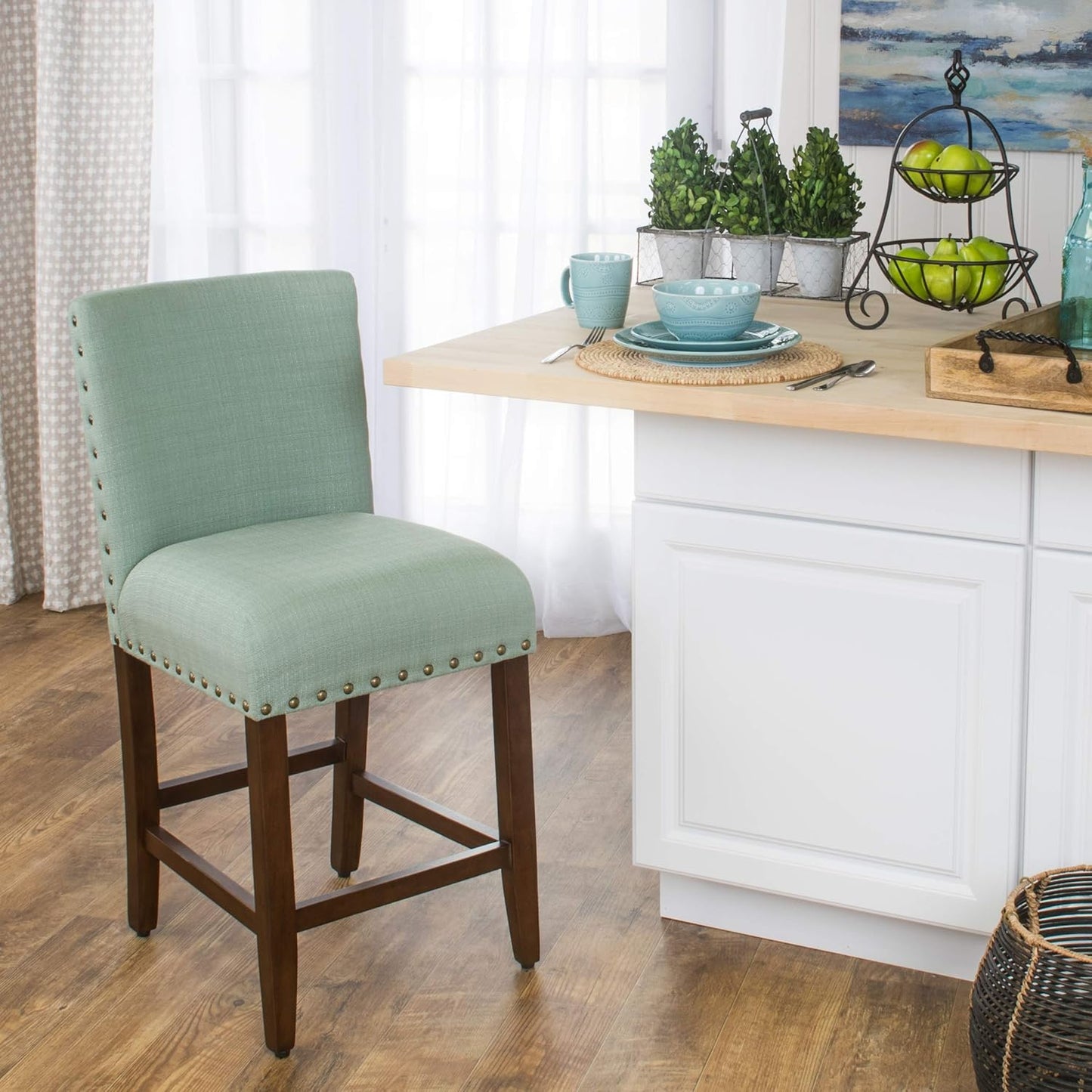 Homepop Home Decor | Backless Nailhead Trim Counter Height Bar Stools | 24 Inch Bar Stools | Decorative Home Furniture (Seafoam)