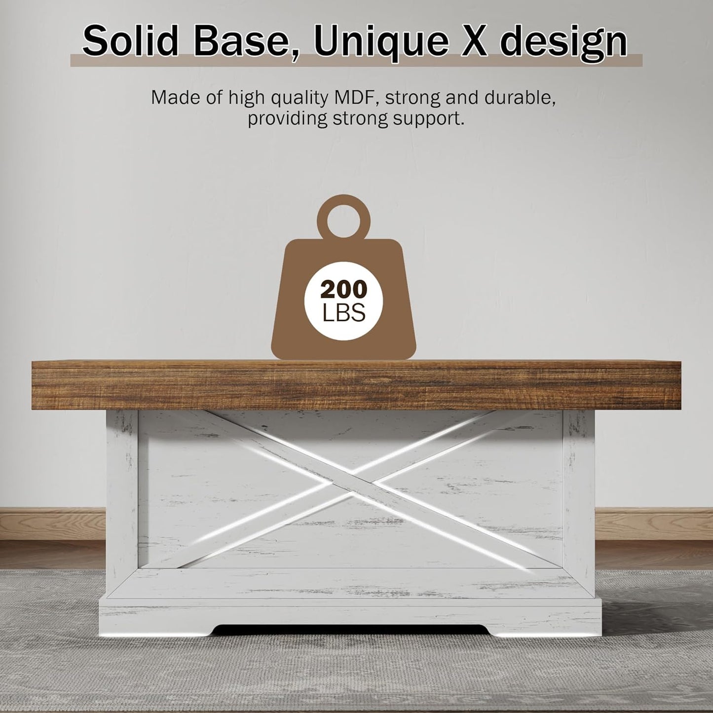 Coffee Table 39 in Farmhouse Center Table with X-Design Wooden Pedestal for Living Room, Space Saving, Easy Assembly Rectangle Home Office Tea Accent Table for Apartment, Antique White Walnut